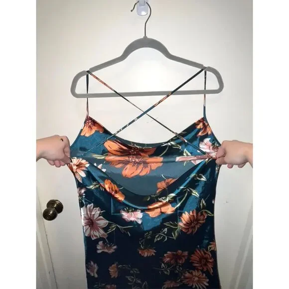 Women's Teal Floral Silk Adjustable Strap Open Back Drape Mini Night Dress - Picture 6 of 6